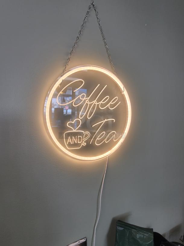 "Coffee and Tea" neon sign with glowing letters, adding a café vibe. Part of the KCS HS-2460 coffee and tea station set.