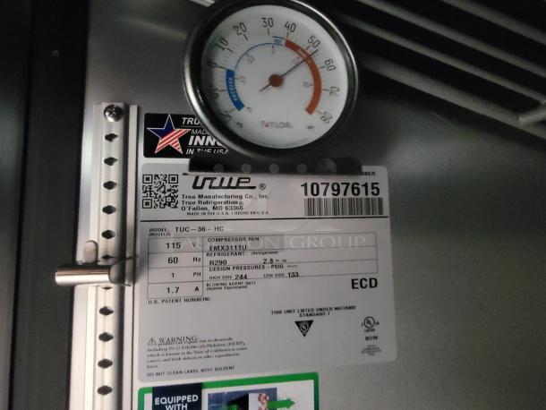 True TUC-36-HC undercounter refrigerator label with model specs, refrigerant type, and serial number. Clean, commercial grade.