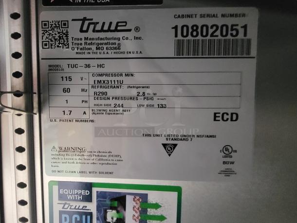 True TUC-36-HC under-counter fridge label showing model, specs, and warnings. In excellent condition with stainless finish.
