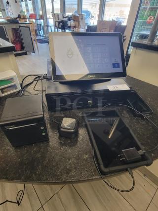 Toast POS system bundle with touchscreen, receipt printer, cash drawer, card reader, and tablet. Great condition for business use.