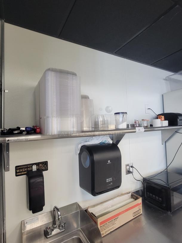 KCS WS-1872 stainless steel wall shelf, 6ft, NSF certified, with assorted plastic containers and kitchen organizers. Sturdy brackets.