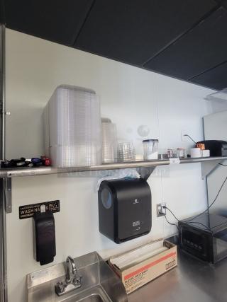 KCS WS-1872 stainless steel wall shelf, 6ft, NSF certified, with assorted plastic containers and kitchen organizers. Sturdy brackets.