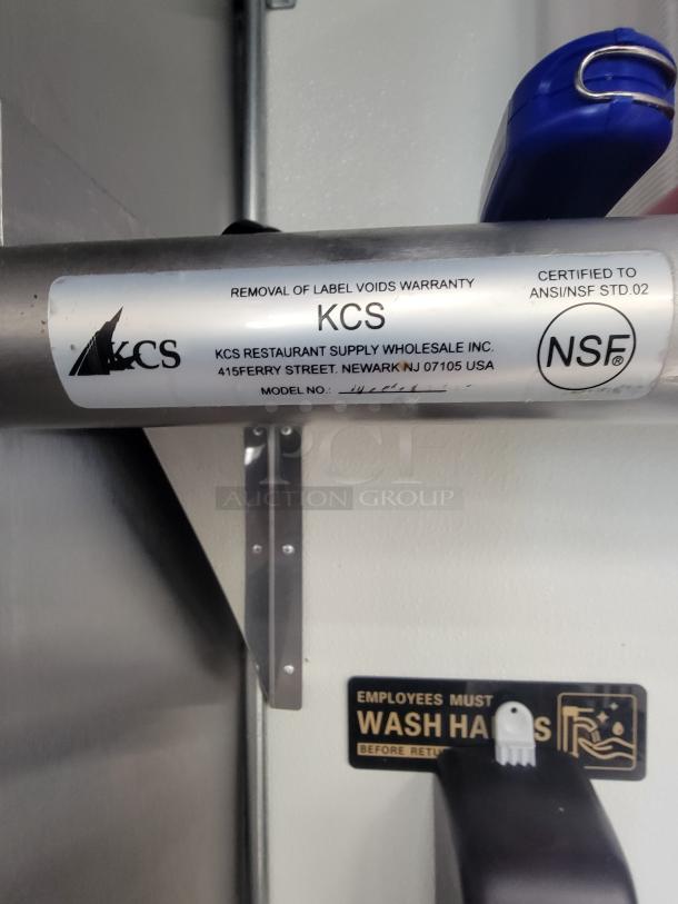 KCS stainless steel wall shelf, NSF certified, 6ft, model WS-1872. Includes assorted containers and organizers.