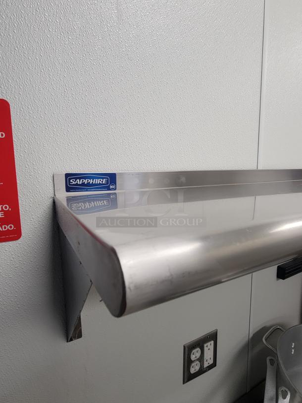 Sapphire Manufacturing 9' stainless steel wall shelf, SS-Series, NSF certified, ideal for commercial kitchens. Sturdy and easy to clean.