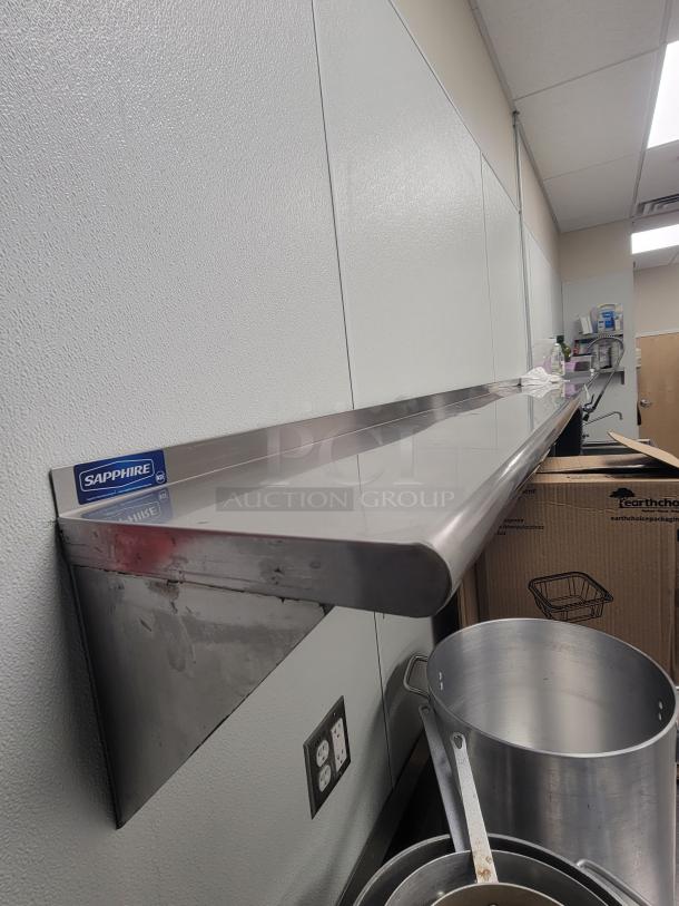 Sapphire SS-Series 9' stainless steel wall shelf, heavy-duty, NSF certified, for commercial kitchens, features large storage and easy cleaning.