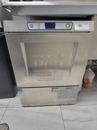 Hobart LXe commercial dishwasher, stainless steel, hot water sanitizing feature, undercounter design, durable, industry standard.