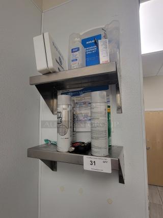 Keystone stainless steel wall shelves with first aid kit, spill kit, isopropyl alcohol, and cleaning supplies. Durable and ready to mount.