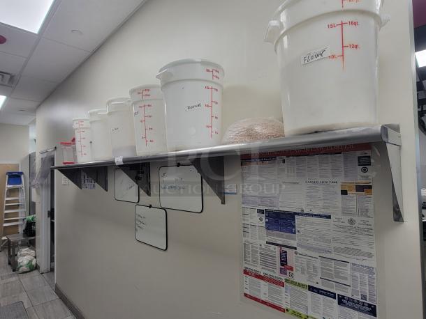 Heavy Duty Sapphire stainless steel wall shelf, model SSWMS, with large bins and containers, great condition, NSF-certified.