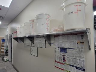 Heavy Duty Sapphire stainless steel wall shelf, model SSWMS, with large bins and containers, great condition, NSF-certified.