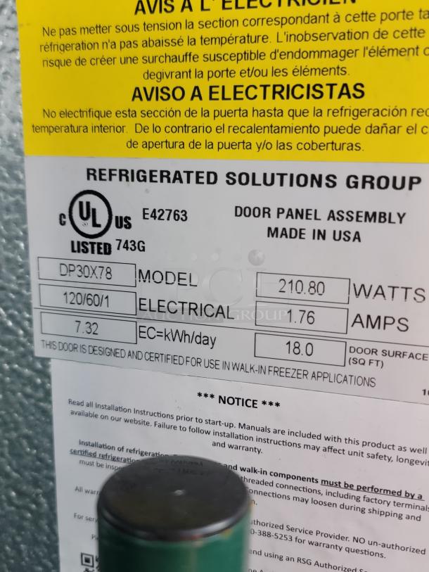 Refrigerated Solutions Group door panel assembly label, model DP30X78, made in USA, UL listed, for walk-in freezer use.