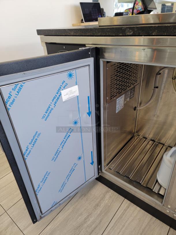 Krowne 6-Tap Kegerator DB52L-BSS-LR, pristine condition, black vinyl finish, stainless steel interior, open door showing inside.