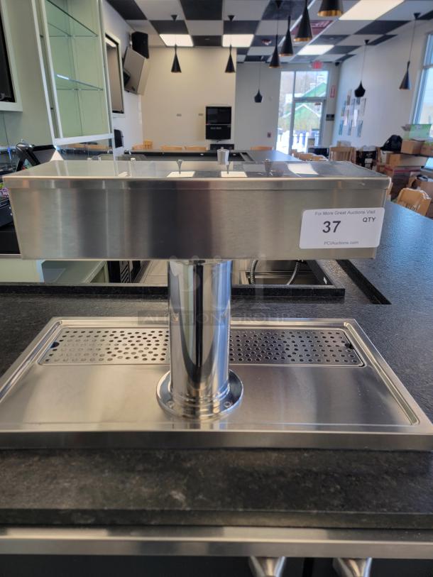 2024 Krowne 6-tap kegerator with stainless steel tower, pristine condition. Tag indicates auction lot 37, PCAuctions.com.