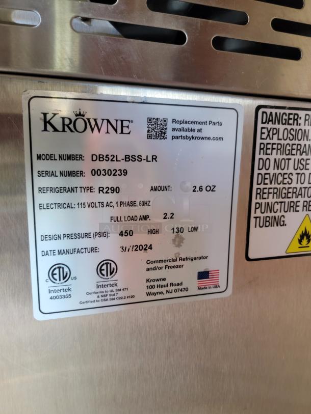 Krowne 52" 6-Tap Kegerator, model DB52L-BSS-LR, 2024, black vinyl, stainless steel tower, pristine condition, ETL listed.