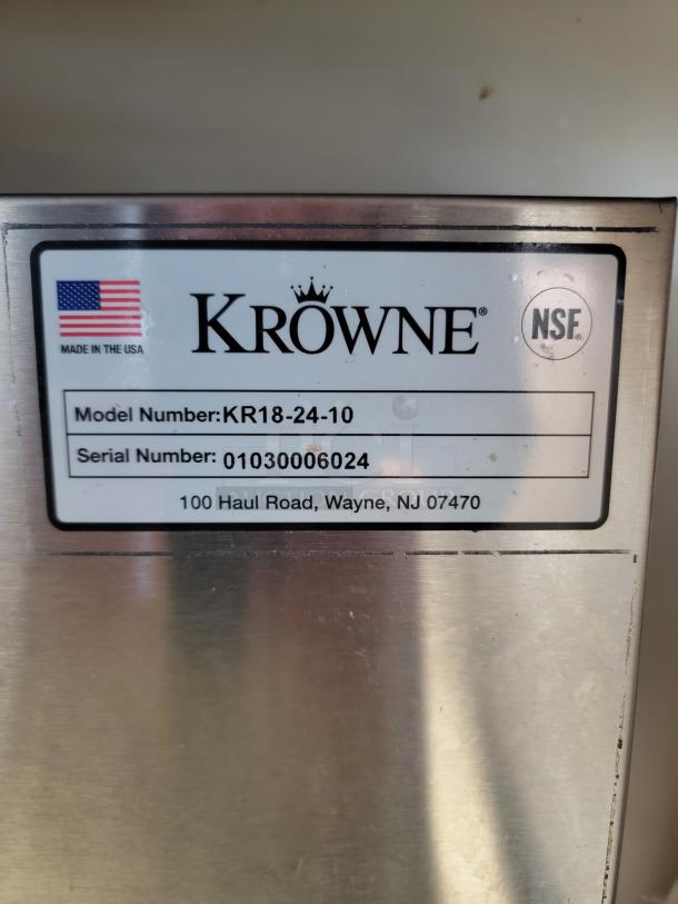 Krowne Stainless Steel Ice Bin, model KR18-24-10, NSF certified, with speed rail. Made in the USA. Serial number 01030006024.