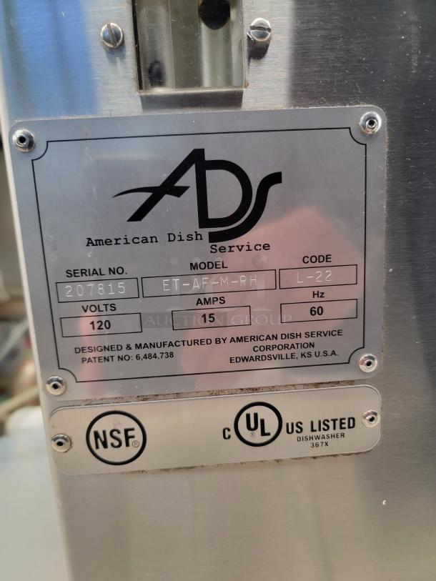 American Dish Service ET-Series dishwasher label, indicating model ET-AF-M-PH. Runs on 120V, 15 amps. NSF and UL listed.