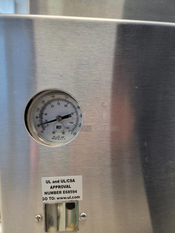 American Dish Service ET-AF-M-PH commercial dishwasher with NSF gauge, stainless steel finish, UL approval label, excellent condition.