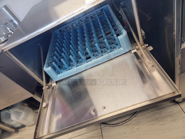 American Dish Service ET-Series undercounter dishwasher, stainless steel, three-button interface, 120V, with a blue dish rack.