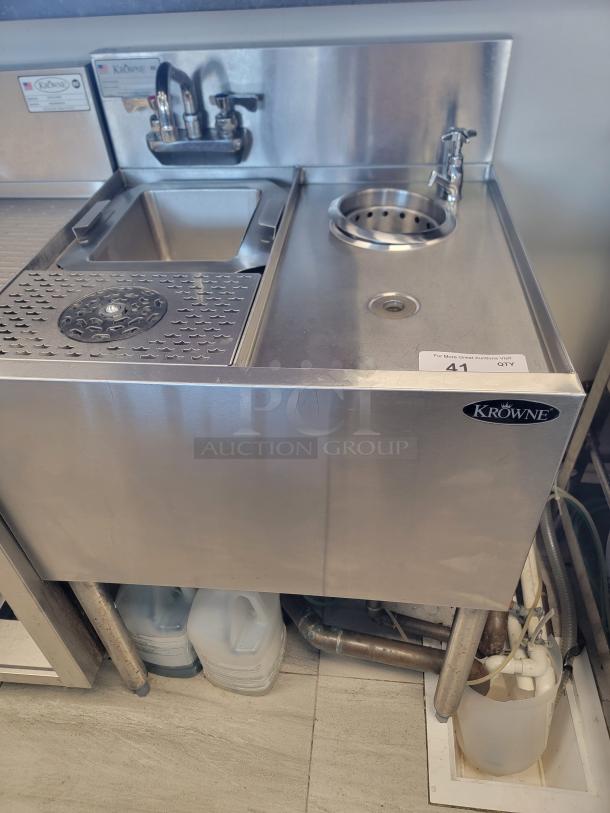 Krowne KR24-MS24 underbar station with glass rinser, dump sink, and dipper well. Stainless steel, ideal for bars or cafés.