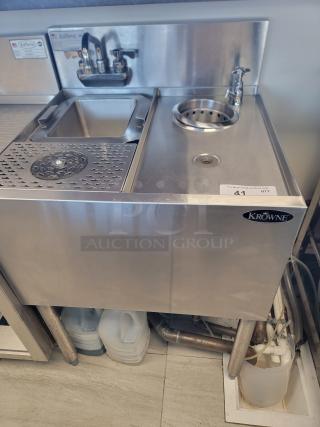 Krowne KR24-MS24 underbar station with glass rinser, dump sink, and dipper well. Stainless steel, ideal for bars or cafés.