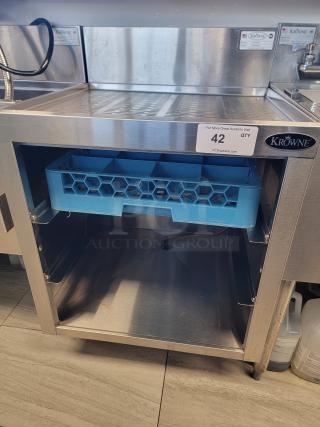 Krowne KR18-GSB1 glass storage unit with stainless steel design, built-in drainboard, and slides for rack storage.