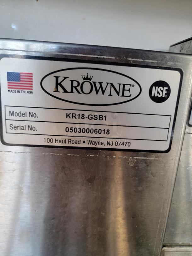 Krowne Royal Series Glass Storage Unit, Model KR18-GSB1, stainless steel, built-in drainboard, integrated rack slides, serial no. 05030006018.