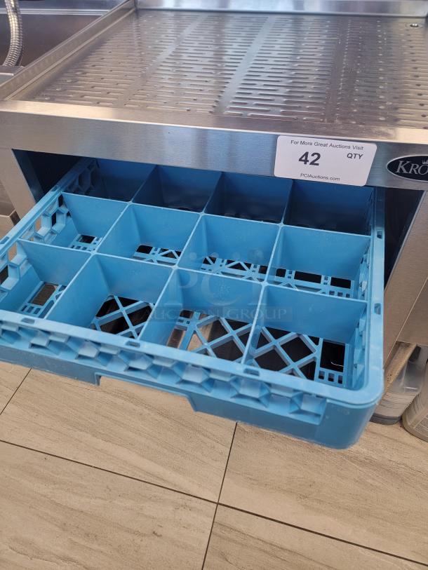 Krowne KR18-GSB1 glass storage unit with stainless steel, drainboard top, integrated slides, and blue rack. Auction tag "42".