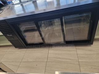 True 3-Door Glass Bar Cooler, Model TBR72-RISZ1-L-B-111-1, features stainless steel countertop, bright lighting, excellent condition.