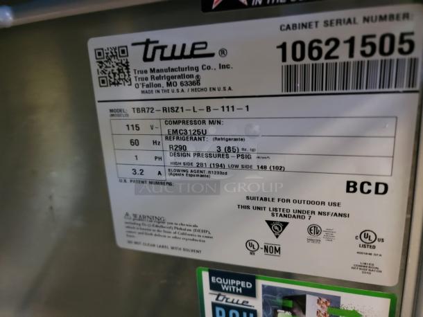 True Commercial Back Bar Cooler label, model TBR72-RISZ1-L-B-111-1, serial 10621505, 115V, R290 refrigerant, UL listed.