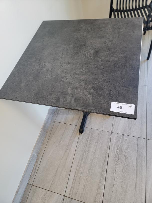 Square Hospitality Bistro Table by Flash Furniture, slate-gray finish, cast-iron base, tag indicates item number 49, modern design.