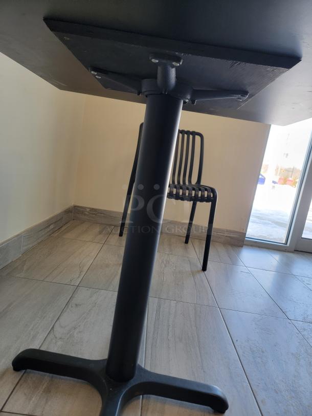 Flash Furniture Square Hospitality Bistro Table with slate-gray finish, cast-iron pedestal base, and industrial design.