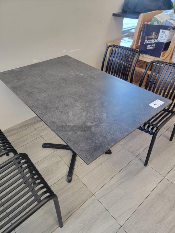 Flash Furniture commercial dining table, concrete-style laminate, black cast-iron X-base, durable condition.