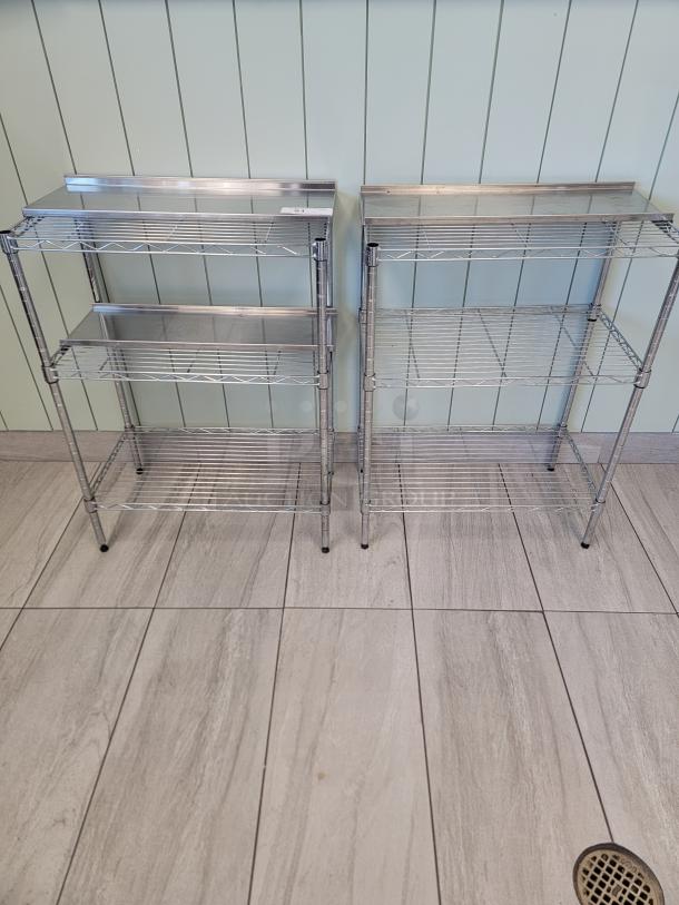 Set of 2 stainless steel utility shelves, model 3-Tier Wire Shelving with Solid Inlay, clean and sturdy for storage, commercial grade.