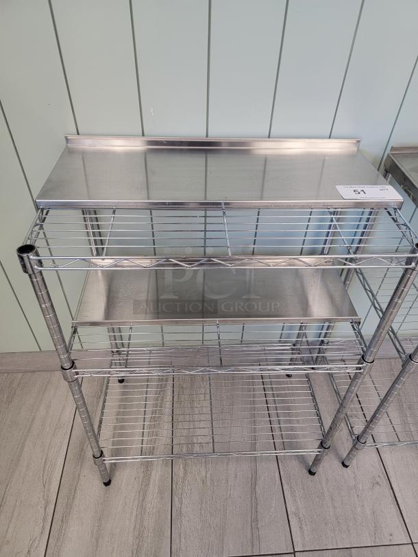 Set of 2 stainless steel utility shelves with chrome wire tiers, model 3-Tier Wire Shelving with Solid Inlay, commercial grade.