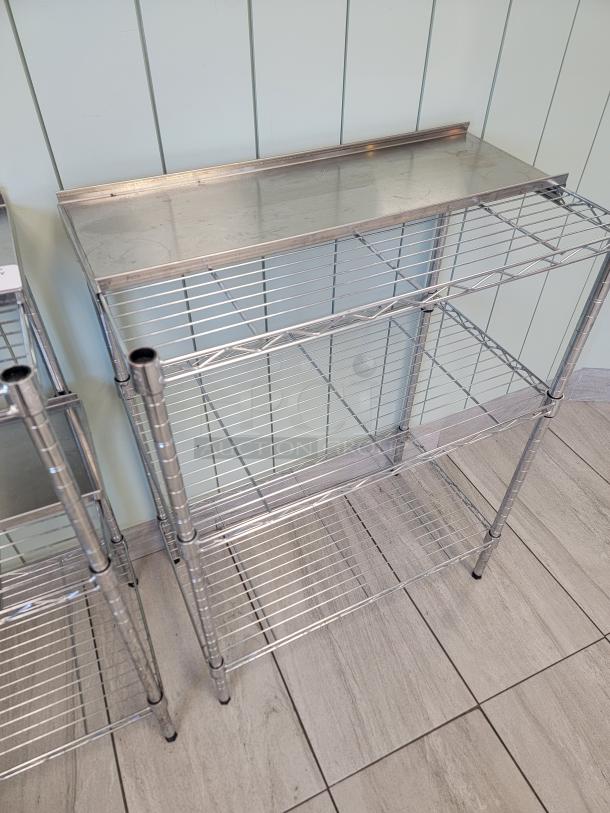 Set of 2 stainless steel utility shelves, commercial grade, 3-tier wire shelving with solid inlay, clean and sturdy.