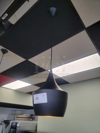 Sleek Mid-Century Modern Pendant Light, Tom Dixon Style Fat Pendant, matte black, hammered gold interior, excellent condition.