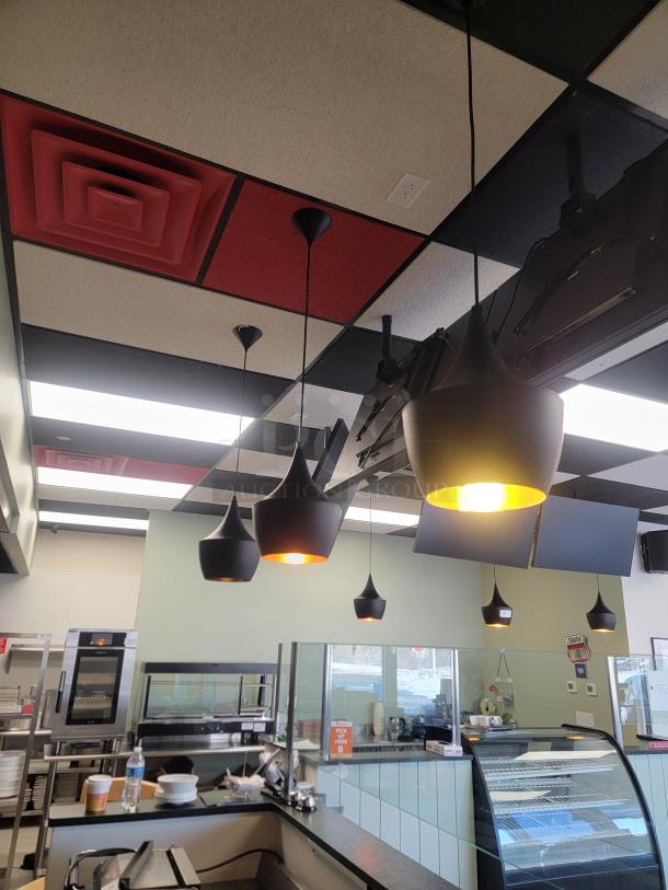 Set of 8 Tom Dixon Style Fat Pendant lights, matte black with hammered gold interior, excellent condition, ideal for modern decor.