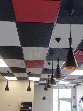 Set of 14 Tom Dixon-style matte black pendant lights with hammered gold interior, excellent condition, industrial-chic design.