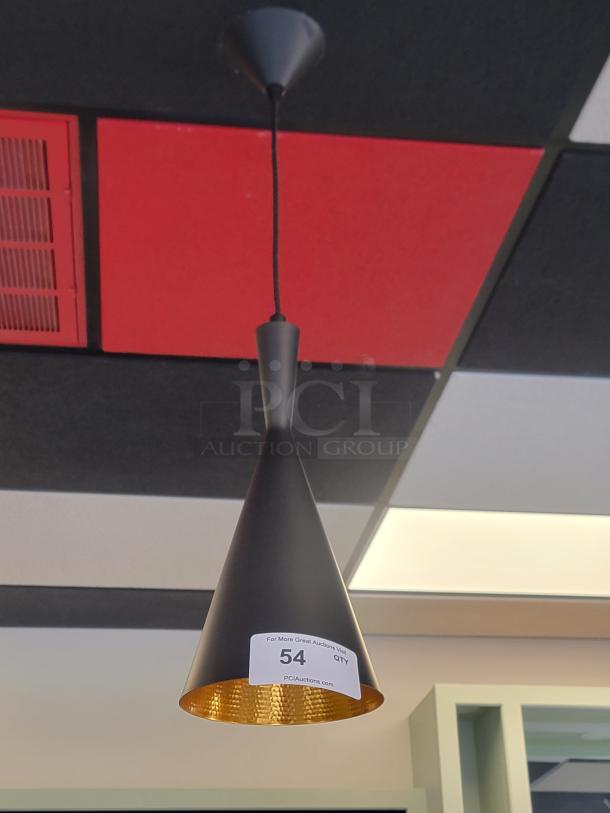 Tom Dixon Style Hammered Metal Funnel Pendant. Matte black exterior, hammered gold interior, excellent condition, auction lot 54.