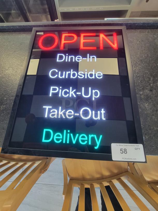 Bright LED restaurant sign with red "OPEN" display, and toggles for Dine-In, Curbside, Pick-Up, Take-Out, and Delivery.