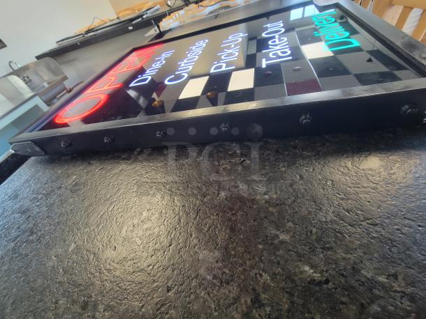 Bright LED restaurant sign with "OPEN" in red, toggle settings for Dine-In, Curbside, Pick-Up, Take-Out, Delivery; Model #155.