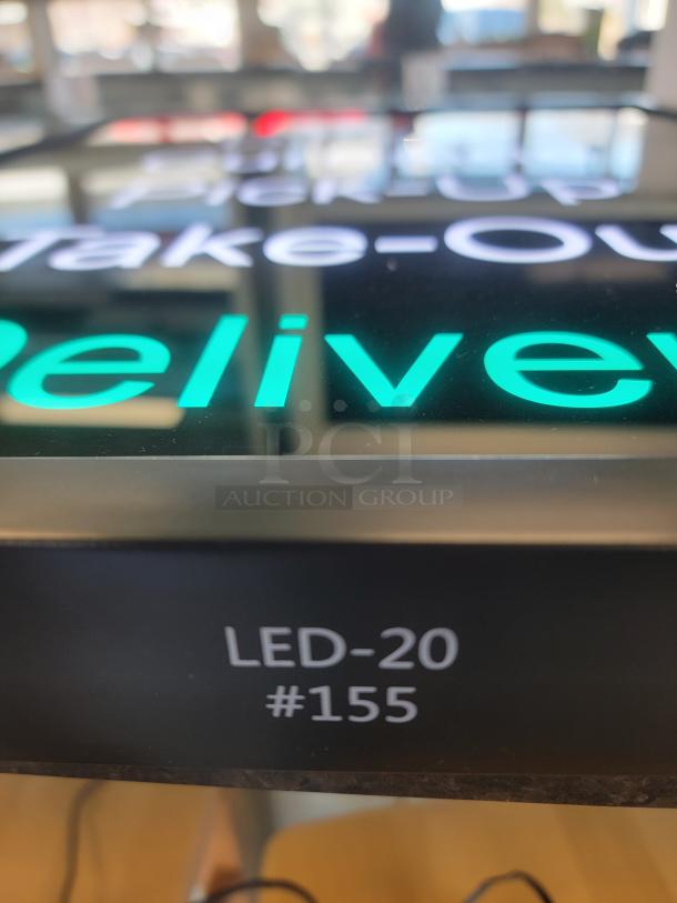 Bright LED restaurant sign with red "OPEN" display, settings for Dine-In/Delivery. Model: LED-20 #155. In great condition.