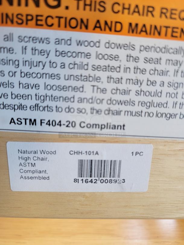 Set of 2 Winco CHH-101 wood high chairs, natural finish, stacking design, safety straps, ASTM compliant tag visible. Ideal for families.