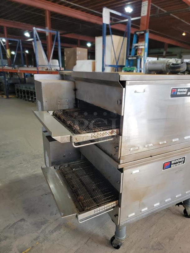 2021 Middleby Marshall PS638G Double Stack Gas Conveyor Oven, used, stainless steel, ideal for high-volume baking.