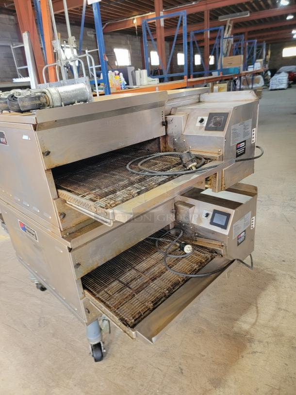2021 Middleby Marshall PS638G double stack gas conveyor oven, stainless steel, used, suitable for high-volume baking.