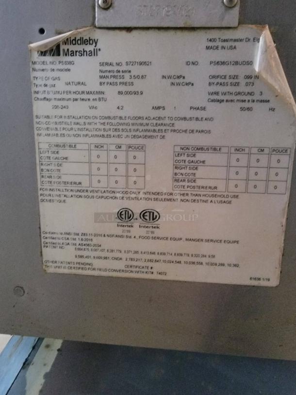 Alt Text: Middleby Marshall PS638G label showing model, serial number S727190521, ETL certifications, natural gas specifications.