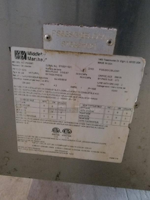Middleby Marshall PS638G gas conveyor oven label, showing model and serial numbers, specifications, and safety certifications.