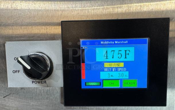 Middleby Marshall PS638G oven control panel displaying 475°F, power knob with settings, used for commercial baking.
