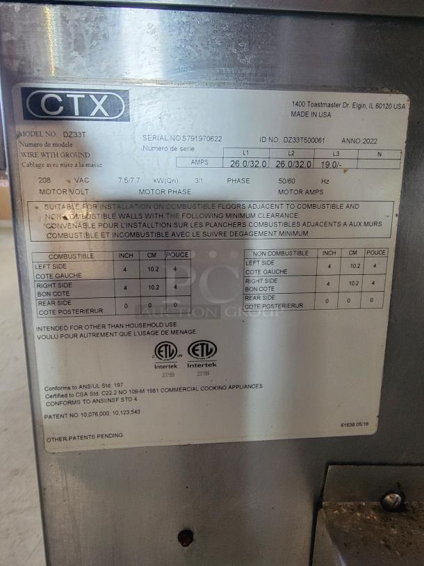 Middleby Marshall CTX DZ33T electric conveyor oven label, 2022 model. Shows wiring, voltage, and installation specs. Excellent condition.