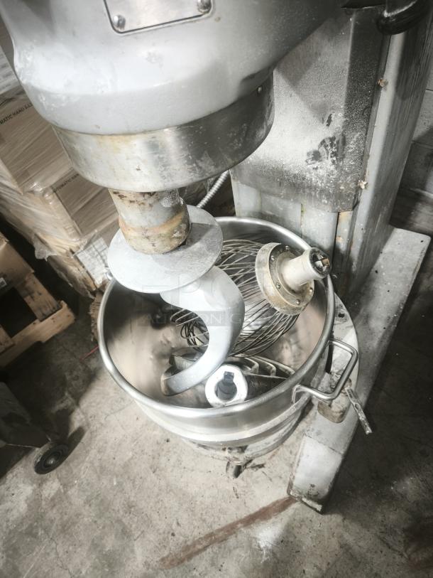 Hobart H-600 60 Qt Mixer, stainless steel bowl, used condition, visible attachments, industrial-grade, model H-600.