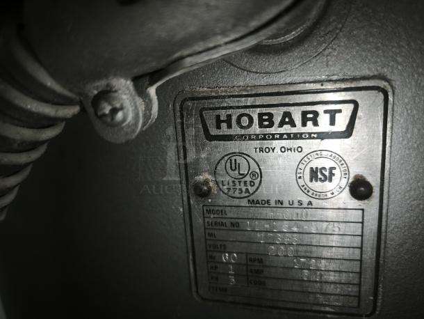 Hobart H-600 60 Qt Mixer label showing model, serial number, UL and NSF certifications, and electrical specs. Made in USA.